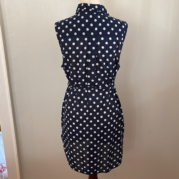 J.Crew Blue White Polka Dot Cotton Tunic Shirt M Sleeveless Belted Pockets - Picture 8 of 8